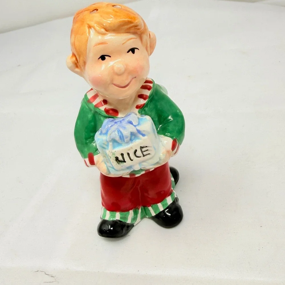 Christmas Naughty or Nice Boy Ceramic Salt Pepper Shaker Holiday Decor 4.75in